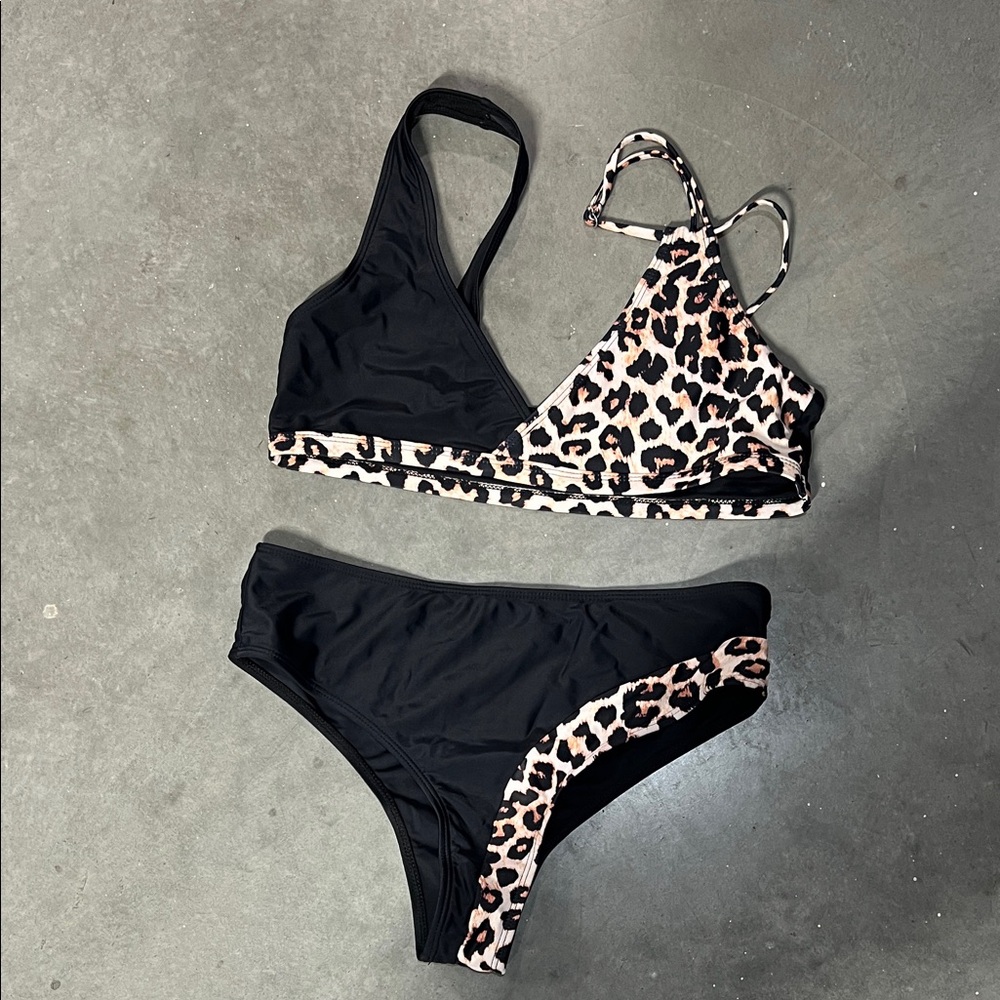 Leopard Print Black Bikini Set